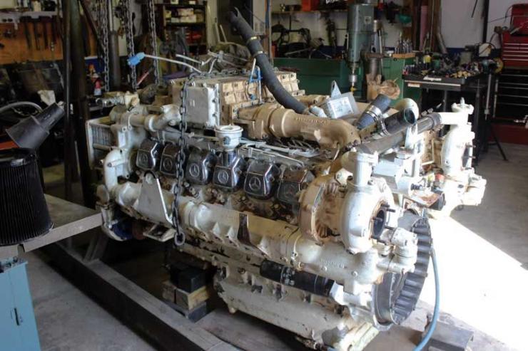 An MTU 183 V-12 diesel awaiting rebuilding at Chesapeake Marine Engineering in Tracys landing, MD. Photo by Rick Franke