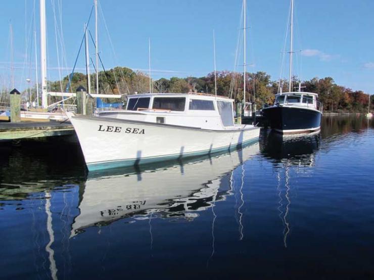 Lea Sea, a classic Deltaville-built Chesapeake deadrise in the yard for paint and zincs at Hartge Yacht Yard in Galesville, MD.
