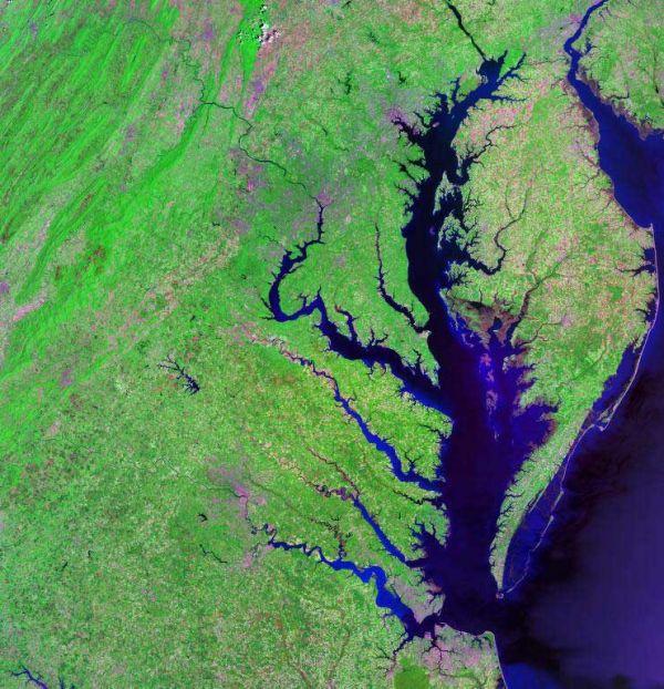 The Chesapeake Bay watershed spans more than 64,000 square miles, encompassing parts of six states. Satellite photo courtesy of NASA