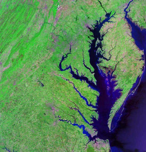 The Chesapeake Bay watershed spans more than 64,000 square miles, encompassing parts of six states. Satellite photo courtesy of NASA The Chesapeake Bay watershed spans more than 64,000 square miles, encompassing parts of six states. Satellite photo courtesy of NASA