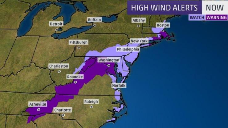 Wind warnings and watches throughout the northeast. Courtesy weather.com