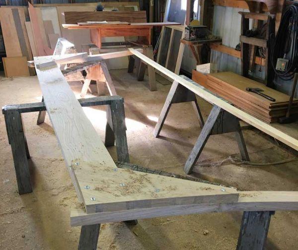 Framing begins for a 41-foot wooden workboat at Lowery Boat Shop in Tilghman, MD.