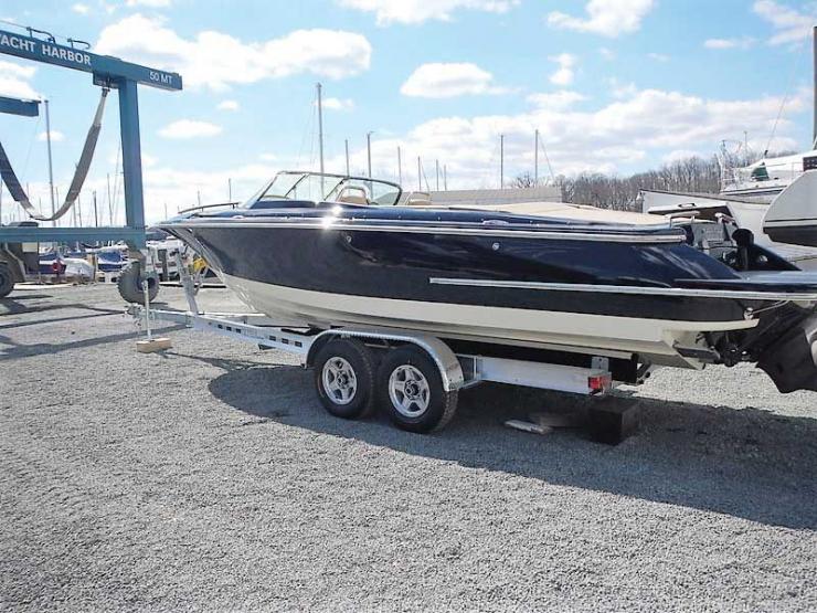 A 21-foot Chris-Craft just out of the paint shop at Hartge Yacht Harbor in Galesville, MD.