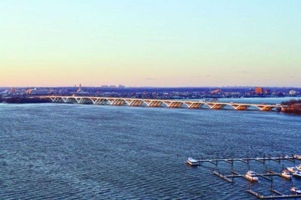 The Woodrow Wilson Bridge as shot form National Harbor at dusk. Photo Courtesy of the Virginia Department of Transportation