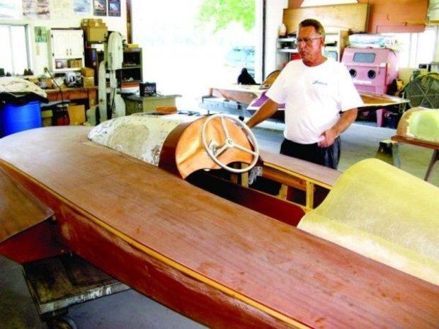 This partially restored 1950 Lauterbach hydroplane illustrates the conventional design with the driver sitting in an open cockpit behind the engine