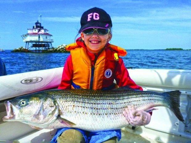 Anna caught a beautiful 40” rock outside of Annapolis on a 9” white bullethead swim shad in 38’ water.