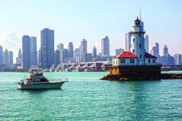 The Chicago skyline on Lake Michigan