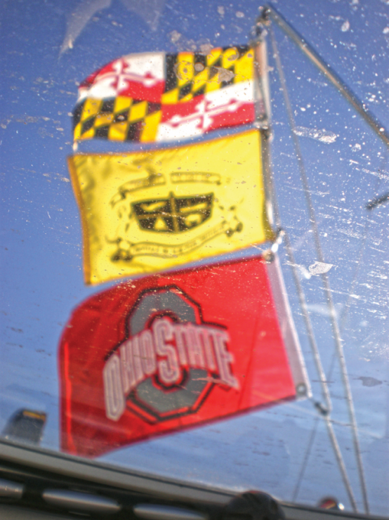 Bay Ranger flies the following flags 1) (top) Maryland state flag; 2) (middle) flag for the Maritime Republic of Eastport, our area of Annapolis on the east side of town across Spa Creek; and 3) (bottom) our Ohio State University flag- GO BUCKEYES!