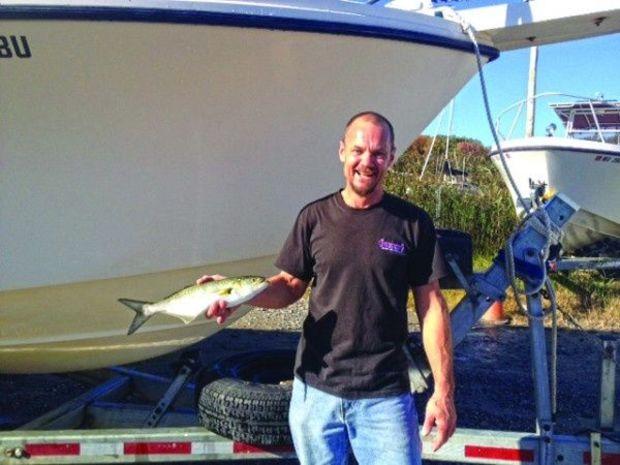 Tony Brown from Damascus , MD caught 7 bluefish Oct. 28, south of Parker's Creek, north of the Power Plant in 32' of water. They were breaking on bait and it was a beautiful sight! Photo courtesy of Breezy Point.