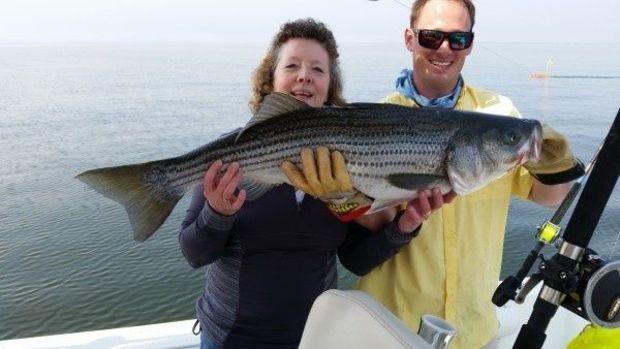 Liz Bieler of Marty's Bait & Tackle, here with Andrew Trostle of Annapolis, with a 41.25-inch release citation striper. Photo courtesy Marty's Bait & Tackle Liz Bieler of Marty's Bait & Tackle, here with Andrew Trostle of Annapolis, with a 41.25-inch release citation striper. Photo courtesy Marty's Bait & Tackle