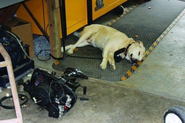 JD decided to take a break before re-assembling the outboard motor in the mechanics shop at Scandia Marine Center in Annapolis, MD. Photo by Rick Franke