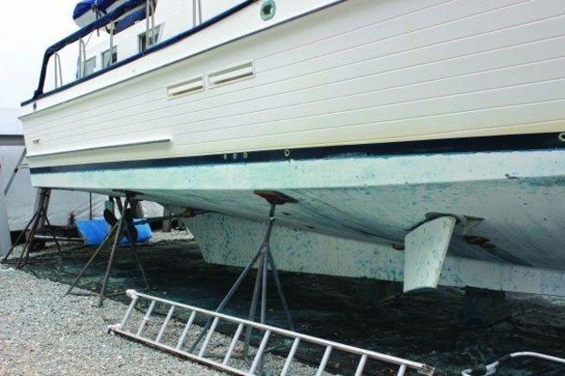 The bottom on a Grand Banks ready for a new barrier coat at Scandia Marine Center in Annapolis, MD. Photo by Rick Franke