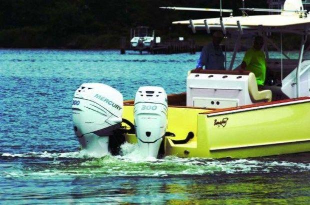 No those outboards are not broken! They are re-positioning the Bonadeo 34 in response to the commands from Mercury's new Joy Stick Piloting System installed at Bonadeo Boat Works in Stuart, FL.