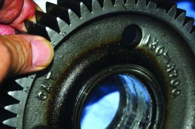 Oil starvation led to overheating of this timing chain gear bearing. Consecutive oil analysis reports showed elevated copper and lead, i.e. bearing material, on which the owner acted. Oil starvation led to overheating of this timing chain gear bearing. Consecutive oil analysis reports showed elevated copper and lead, i.e. bearing material, on which the owner acted.