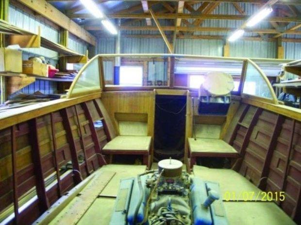 the 1959 24-foot Chris Craft Sportsman Classy Lassy undergoing renovation at Lowery's Boat Shop in Tighlman, MD.