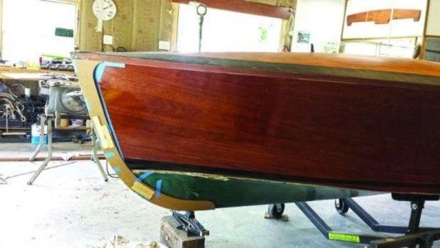 Dry fitting the cutwater on the 16-foot Gar Wood speedster replica at Classic Watercraft Restoration in Annapolis. Photo by Ann Hannan