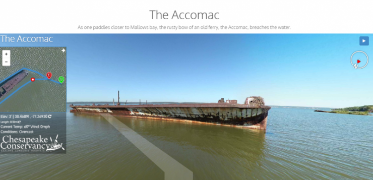 The 360 degree view allows anyone with a computer or smart phone to experience Mallows Bay as a kayaker would. Photo courtesy of Chesapeake Conservancy