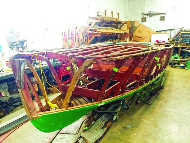 A 1948 Chris-Craft Sportsman stripped to "bare bones" at Wooden Boat Restoration in Millington, MD.