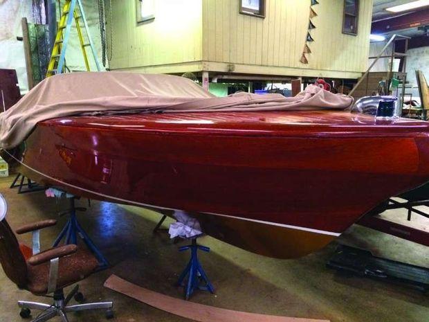 A 1955 Chris Craft Cobra in the shop at Wooden Boat Restoration in Millington, MD.