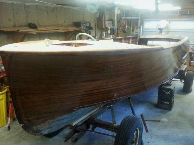 A 1949 Chris-Craft Sportsman U22 after 10 coats of varnish at Classic Watercraft in Edgewater, MD.