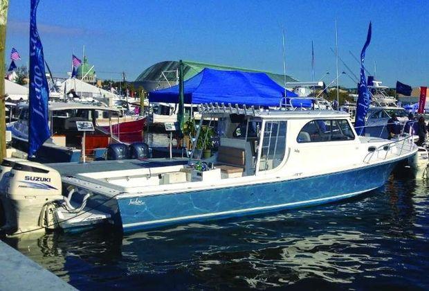 The new outboard powered Judge 36 on display at the Annapolis Powerboat Show. Photo by Rick Franke