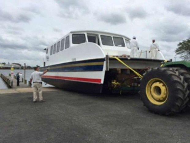 Evans Boats in Crisfield, MD, launching a custom catamaran ferry destined for Boston Harbor.