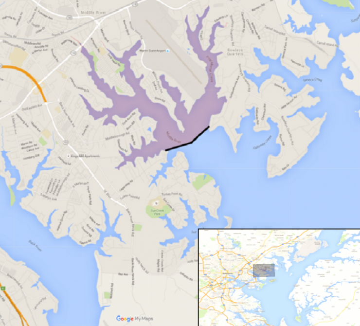 Area affected by the Nov. 2015 Middle River fish kill, located in Baltimore County. Courtesy of the MDE report